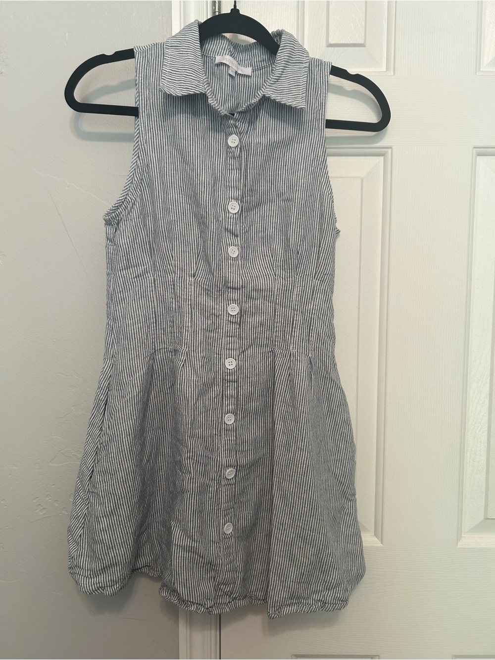 Olivaceous Sleeveless Collared Button-Front Dress in Blue and White Stripes